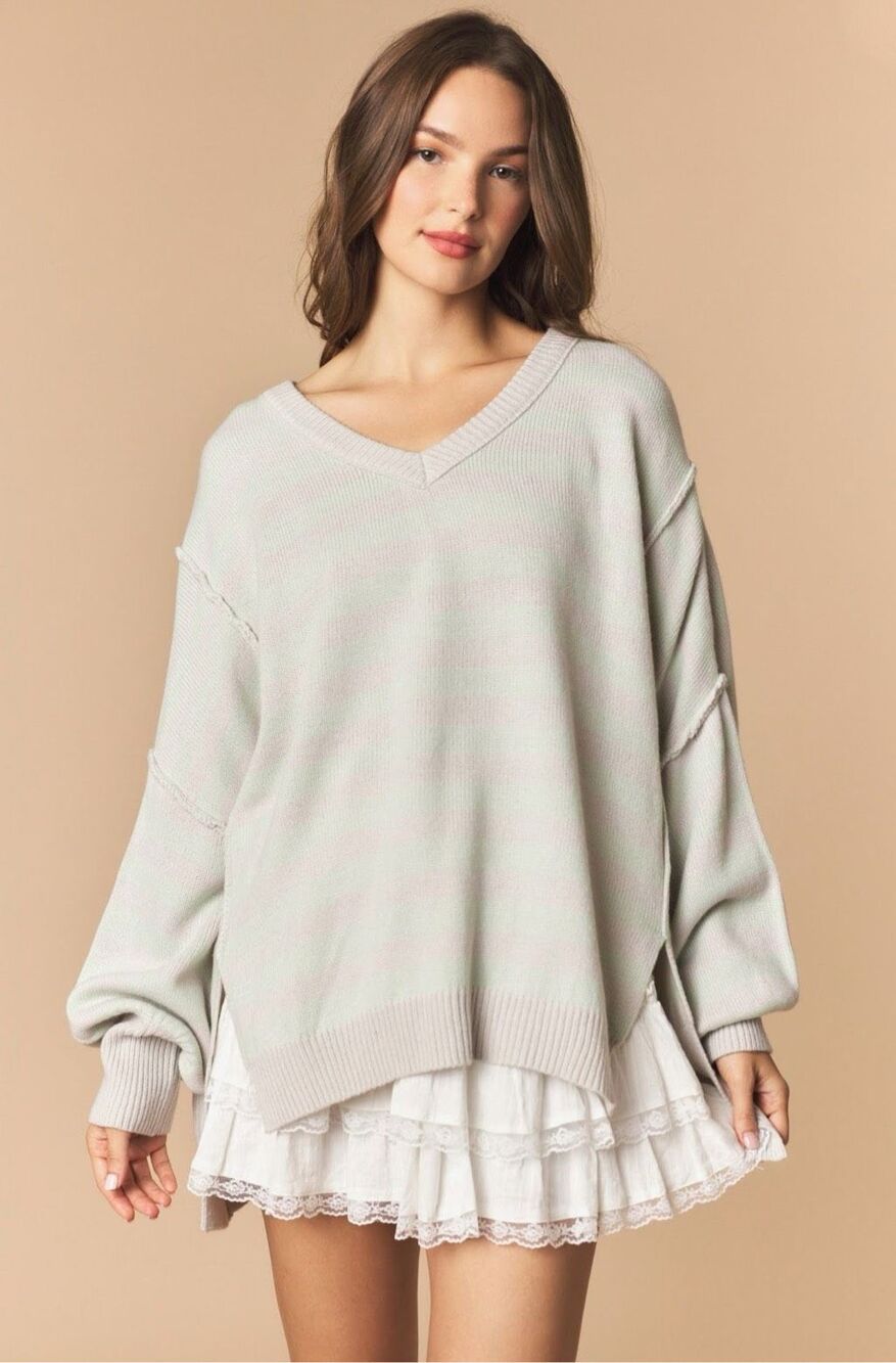#2050. Peach Love CA Grey/Mint Oversized Striped V-Neck High-Low Sweater NWT